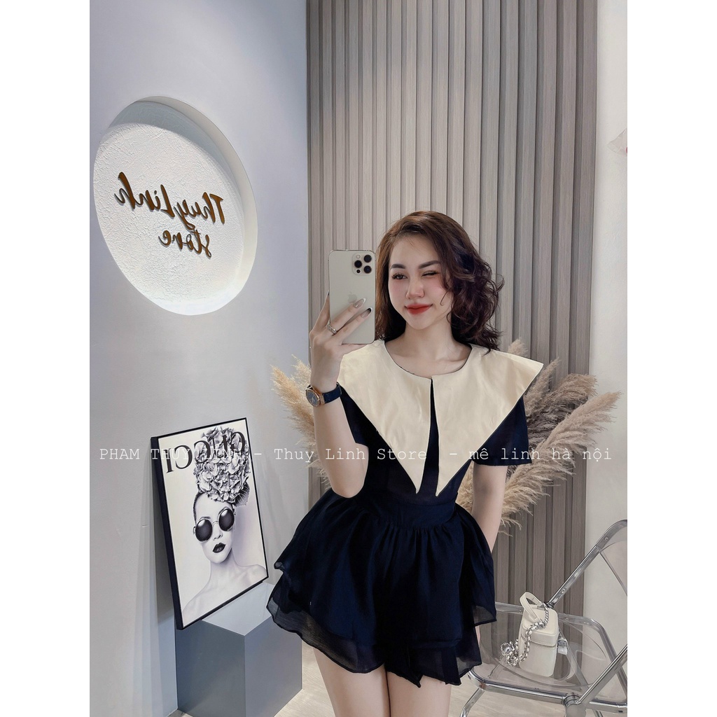 Set áo cổ piter mix quần short tơ xòe BN159