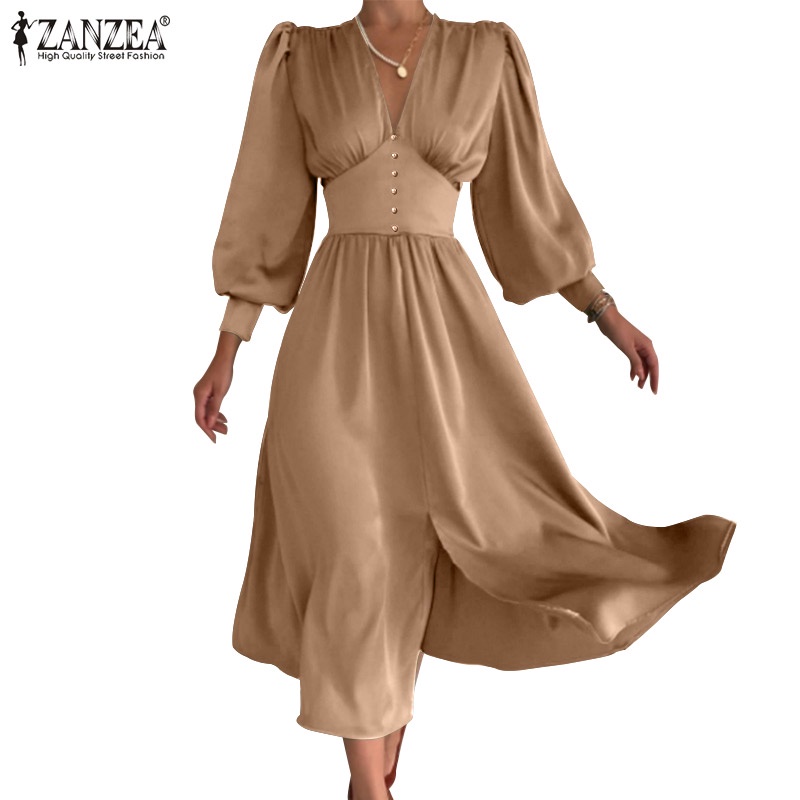 Đầm Dài Zanzea Dáng Chữ A Tay Phồng Cổ Chữ V Ôm Eo Phối Khóa Kéo Thời Trang Cho Nữ