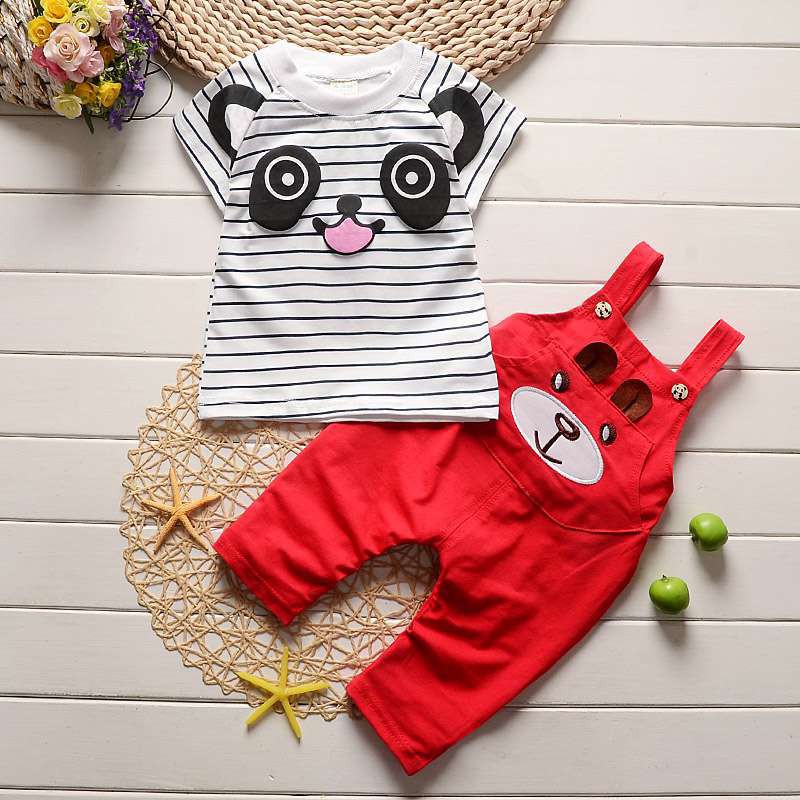 Set áo thun tay ngắn kẻ sọc kèm quần yếm hình gấu đáng yêu cho bé