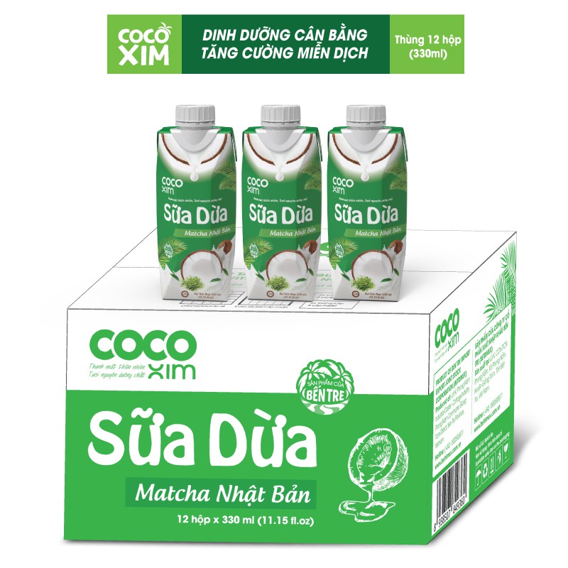 Thùng 12 Hộp Sữa dừa đóng hộp Cocoxim Matcha dung tích 330ml/Hộp