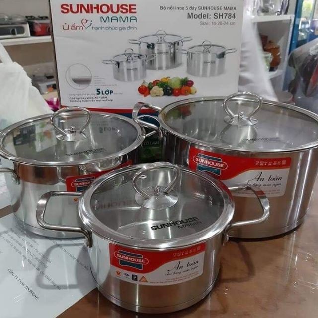 Bộ nồi inox 5 đáy đáy từ SUNHOUSE MAMA SH784-chính hãng-size 16-20-24cm