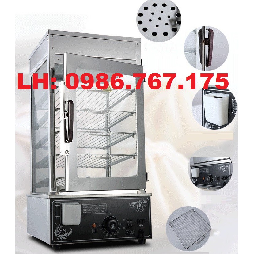 Tủ hấp nóng, tủ trưng bày bánh bao, bánh giày 5 khay Inox, kính chịu nhiệt cực tốt