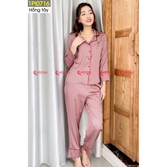 Bộ Pijama Nữ 𝐂𝐀𝐑𝐃𝐈𝐍𝐀 Áo Dài Tay, Quần Dài In Hoa Chất Lụa Satin Nhật Cao Cấp Đơn Giản, Nhẹ Nhàng 1Pi07