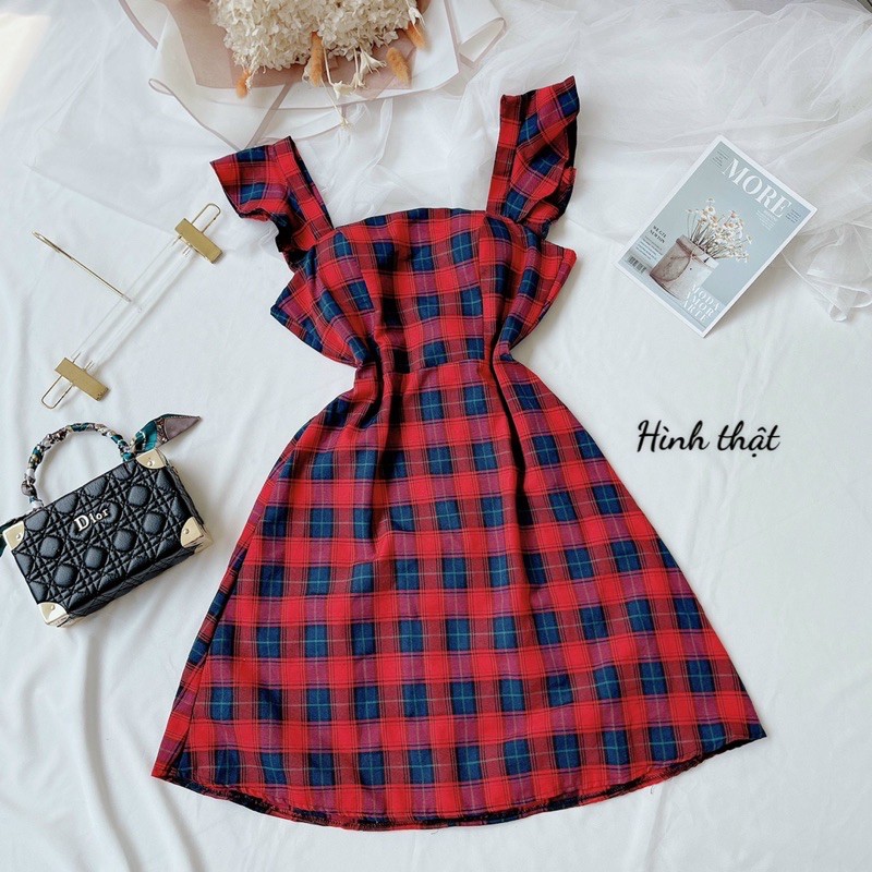 Đầm 2 dây caro cánh tiên có sẵn mút đệm ngực chất vải Kate Free Size dưới 52kg dành cho nữ | BigBuy360 - bigbuy360.vn