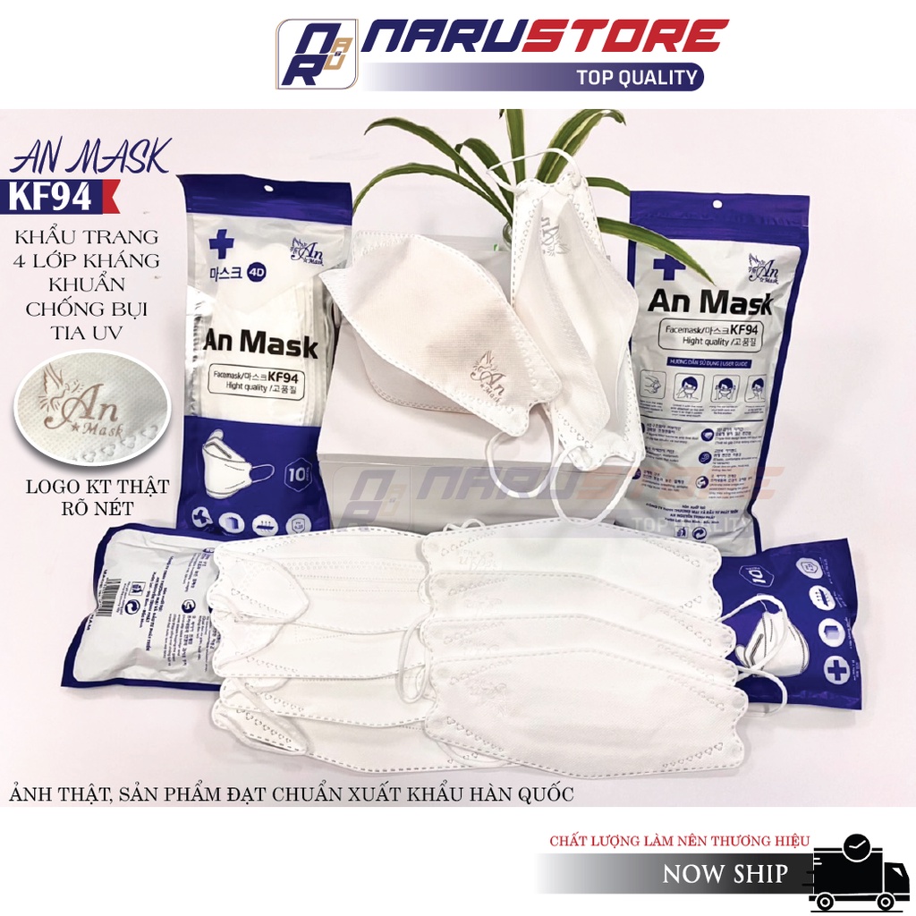 Khẩu trang 4D AN MASK KF94 Hàn Quốc chống bụi mịn và kháng khuẩn, 1 TÚI 10 CÁI KHẨU TRANG Y TẾ, KHẨU TRANG XUẤT KHẨU