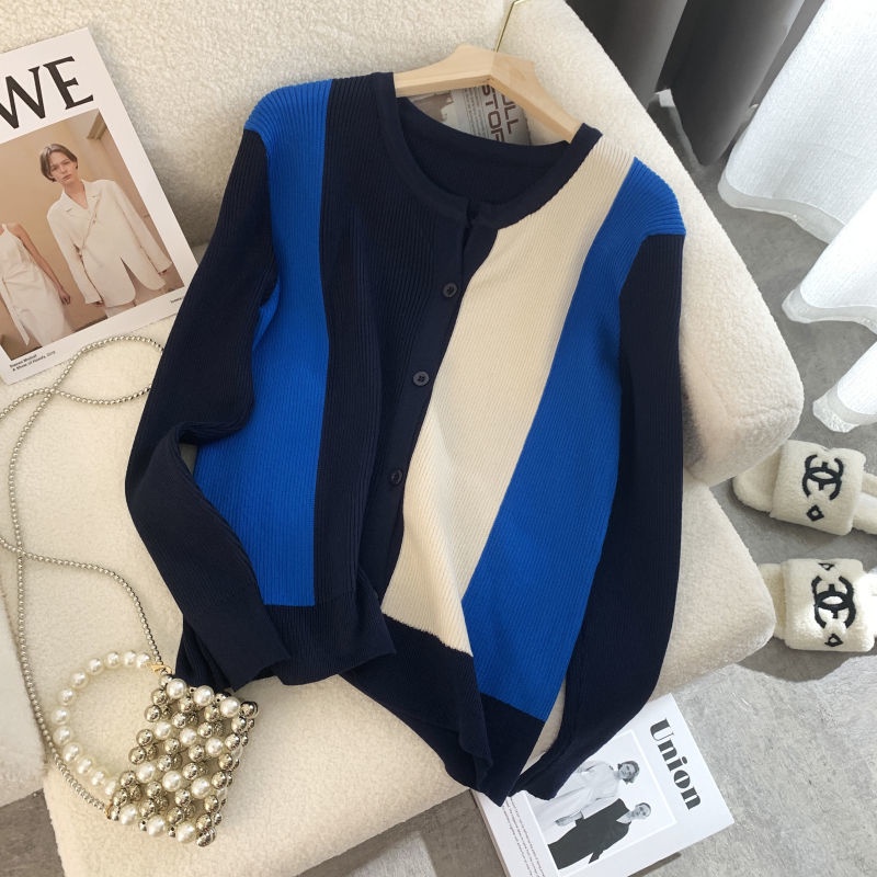 Áo Khoác Cardigan Len Dệt Kim Dáng Ngắn Màu Tương Phản Phong Cách Phương Tây Thời Trang Mùa Thu