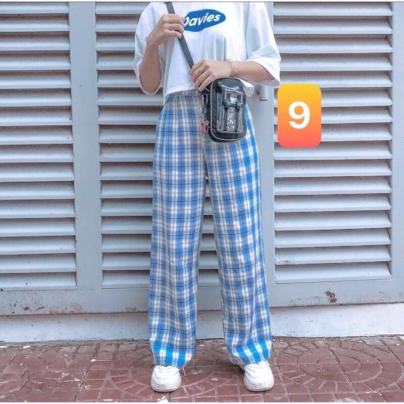 Quần Kẻ Caro Nữ Dáng Rộng Ống Suông  Cạp Chun Ulzzang Full Màu Hot YAME