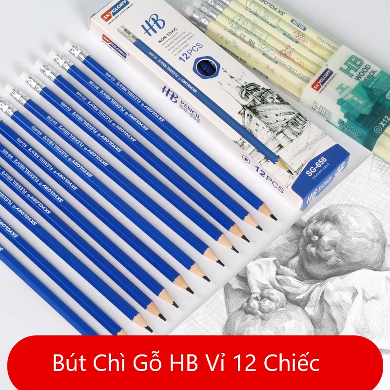 Hộp Bút Chì HB 1 Vỉ 12 Chiếc SKYGLORY Kèm Đầu Gôm Tẩy Chất Liệu Gỗ Dễ Gọt An Toàn Thân Thiện Với Môi Trường