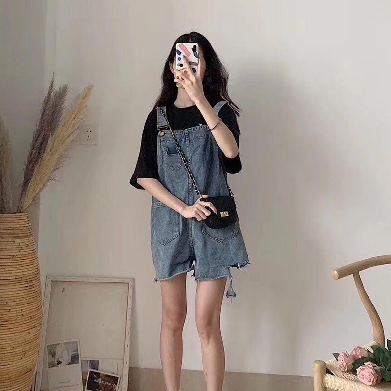 Quần yếm jean IELGY dáng ngắn ống rộng phong cách Hàn Quốc cổ điển dành cho nữ