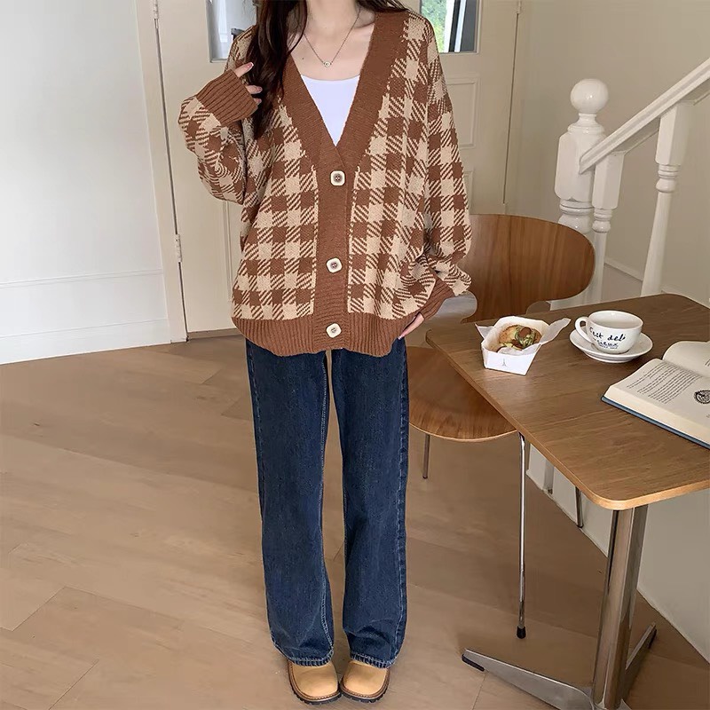 Áo khoác Cardigan len nữ Chelgy form rộng freesize Họa tiết Ô Vuông Ca Rô xen kẽ 2 màu Nâu, Đen CG-CDG105