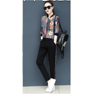 Đồ bộ thu đông nữ in họa tiết hoa sang trọng có bigsize, đồ bộ mặc nhà mùa đông, đồ bộ quần dài áo tay dài khóa kéo
