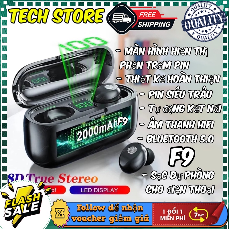 Tai nghe F9 bluetooth 5.0 kiêm sạc dự phòng 2000mAh