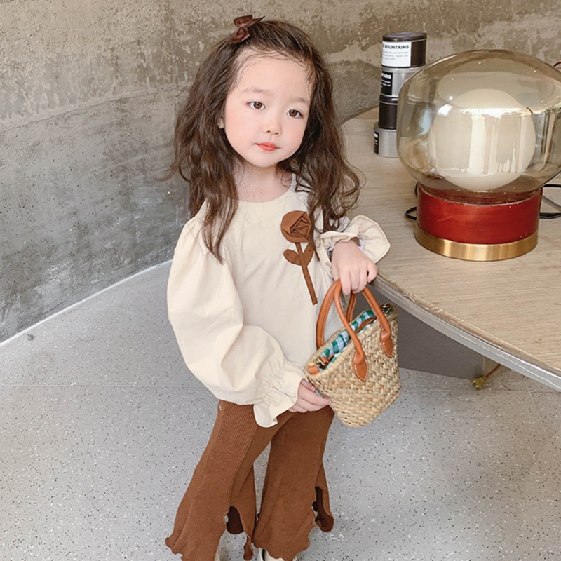 Set Áo Thun Dài Tay In Hoa + Quần Dài Ống Loe Xẻ Tà Thời Trang Mùa Thu Cho Bé Gái