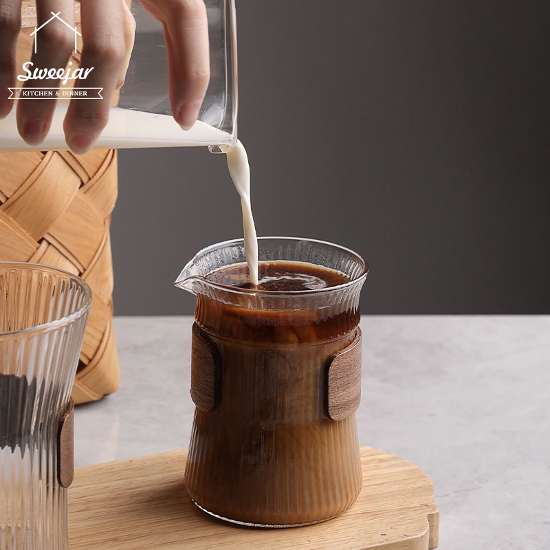 Ly pha cà phê/trà SWEEJAR bằng thủy tinh borosilicate kèm vòng gỗ cầm tay chống bỏng tiện dụng 250ml