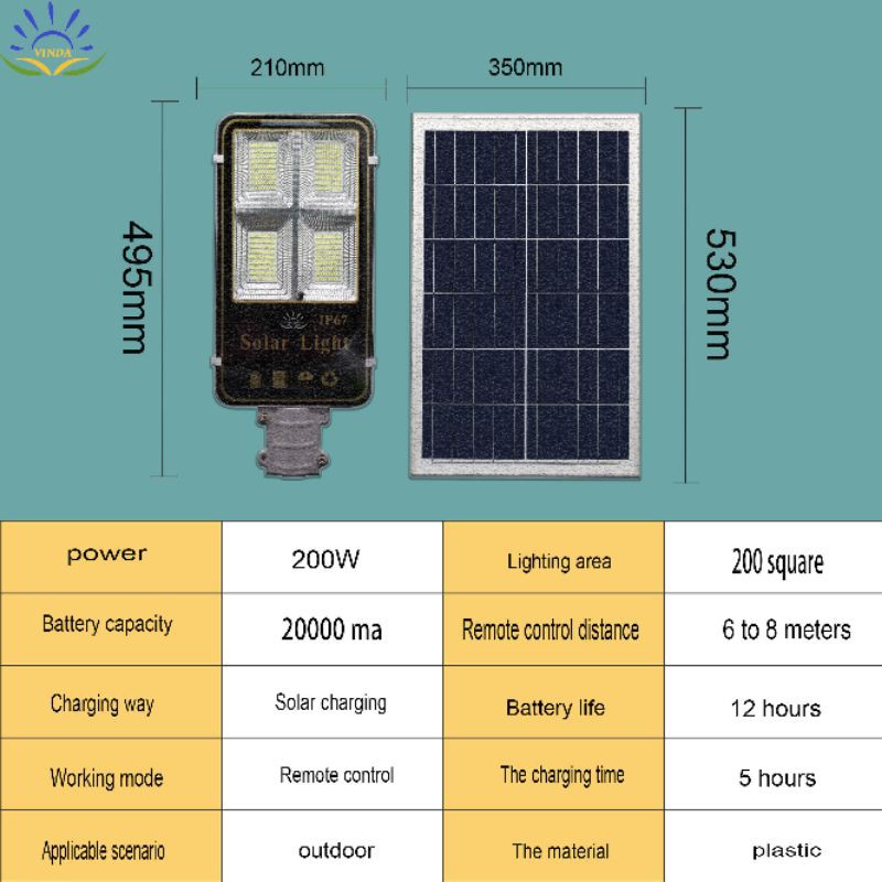 Đèn Đường Năng Lượng Mặt Trời200w Tấm PIN Rời Pha bài chải 4ô-200w