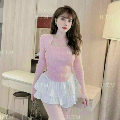 Áo cổ U tay dài  phối nút viền vạt bầu phong cách hiện hàn quốc(A15