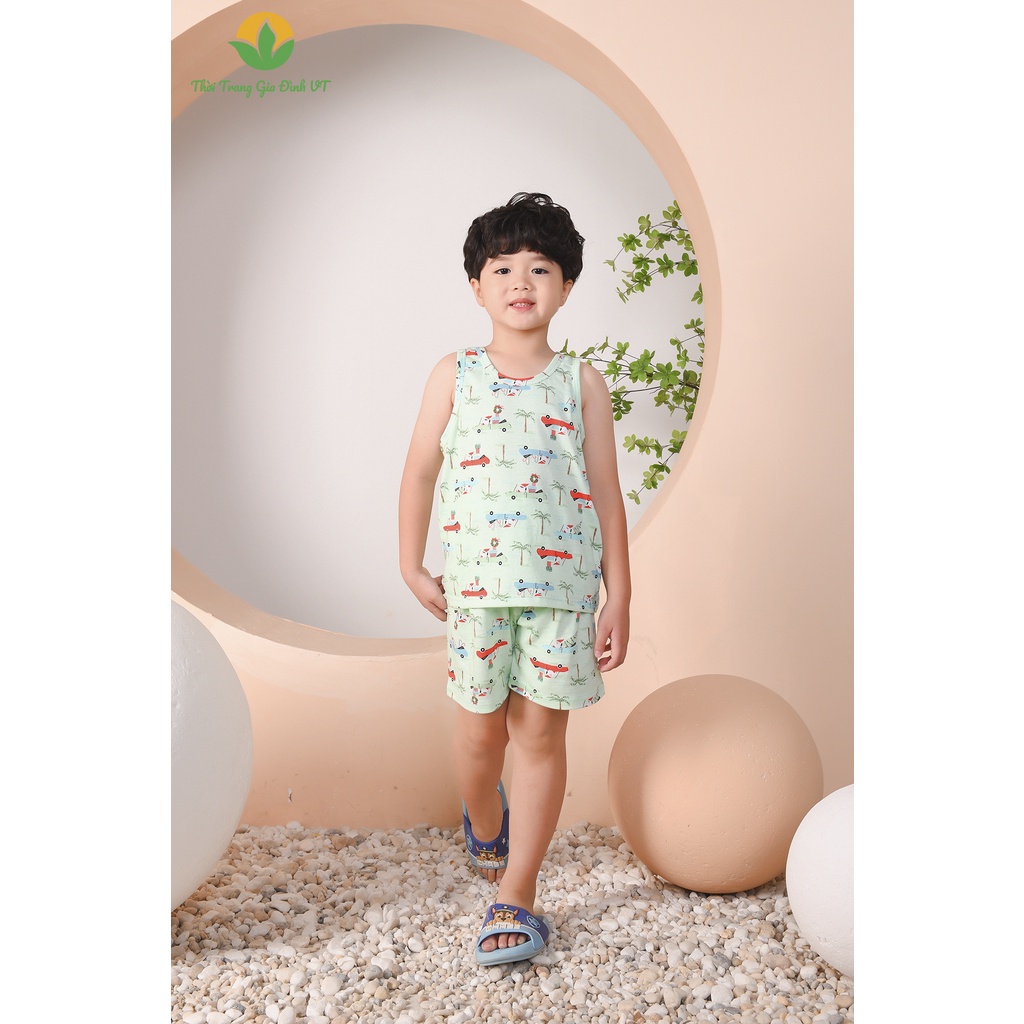 Bộ đồ ngủ bé trai mùa hè Việt Thắng, quần đùi, áo sát nách, chất cotton - B62.2202