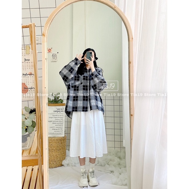 Áo somi kẻ oversize Tia19 . Áo sơmi ulzzang tay bồng ( Ảnh thật)