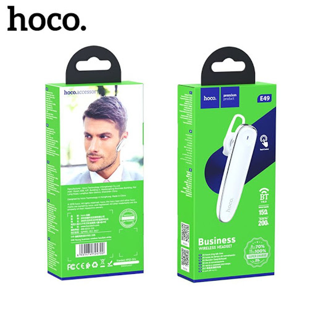 Tai nghe Bluetooth V5.0 Hoco E49 dung lượng 150mAh, điện áp DC5V hỗ trợ sạc nhanh 15 phút, sử dụng lên đến 20h, siêu nhẹ