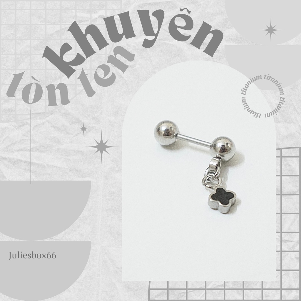 Khuyên Tai Unisex Charm Cỏ May Mắn Nền Đen Màu Bạc Titan Không Gỉ Không Đen Không Ngứa julies box 66