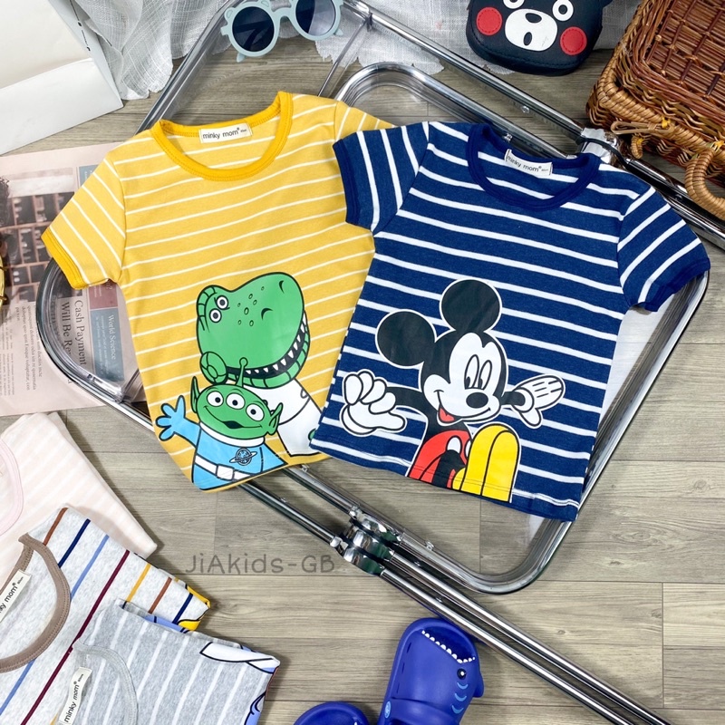 TNin92 Bộ Ngắn Tay Cotton Hàn Sọc In Hoạt Hình Cho Trẻ Từ 8kg đến 19kg