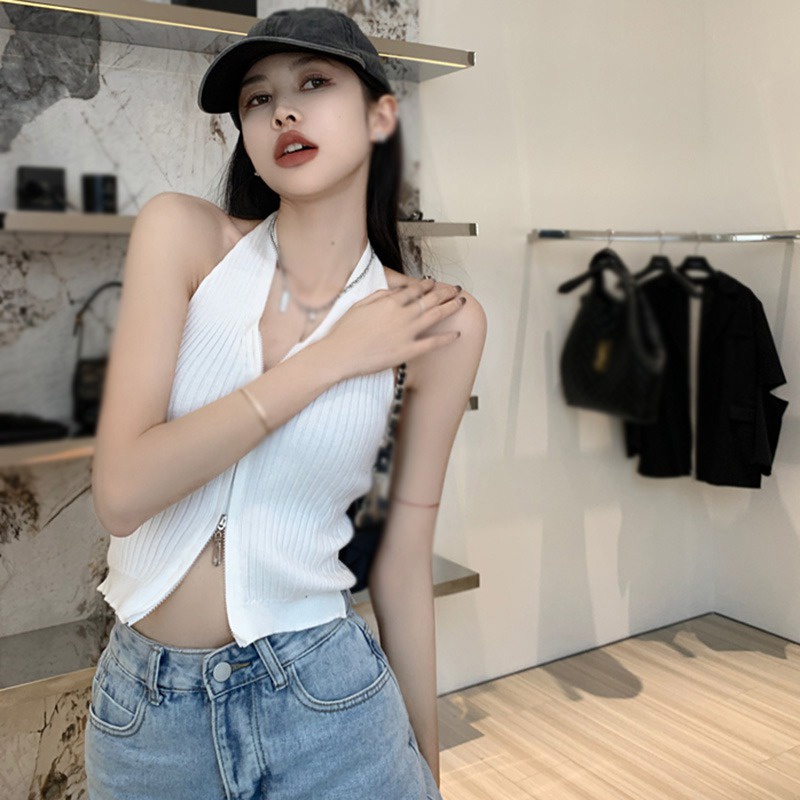 Áo Tank Top Dệt Kim Cổ Chữ V Màu Sắc Đơn Giản Thiết Kế Hở Lưng Quyến Rũ
