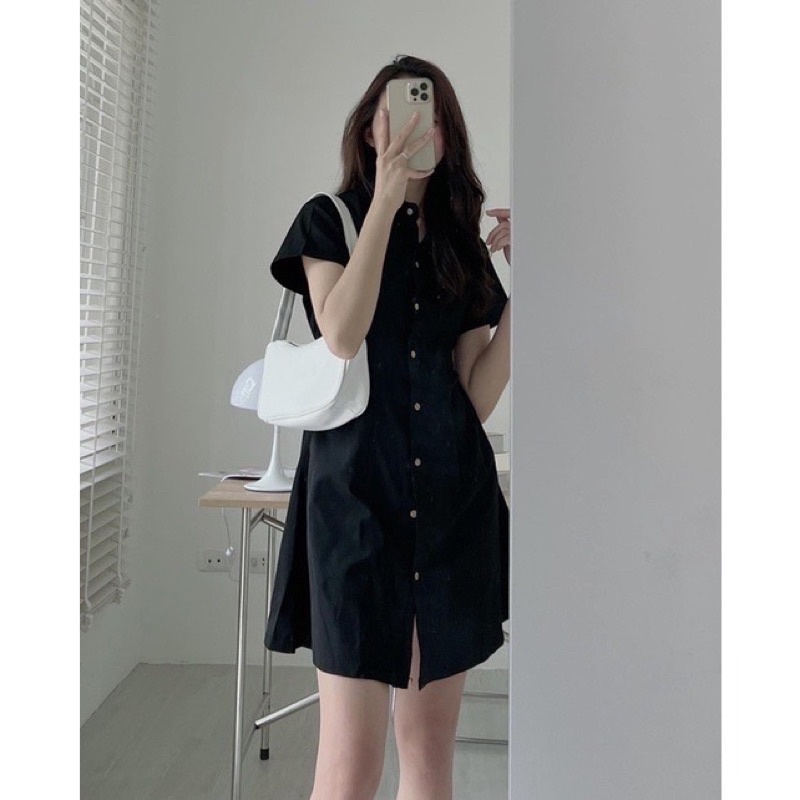 Váy thiết kế cổ sơmi cúc cài chun sau hai màu nhẹ nhàng tôn dáng