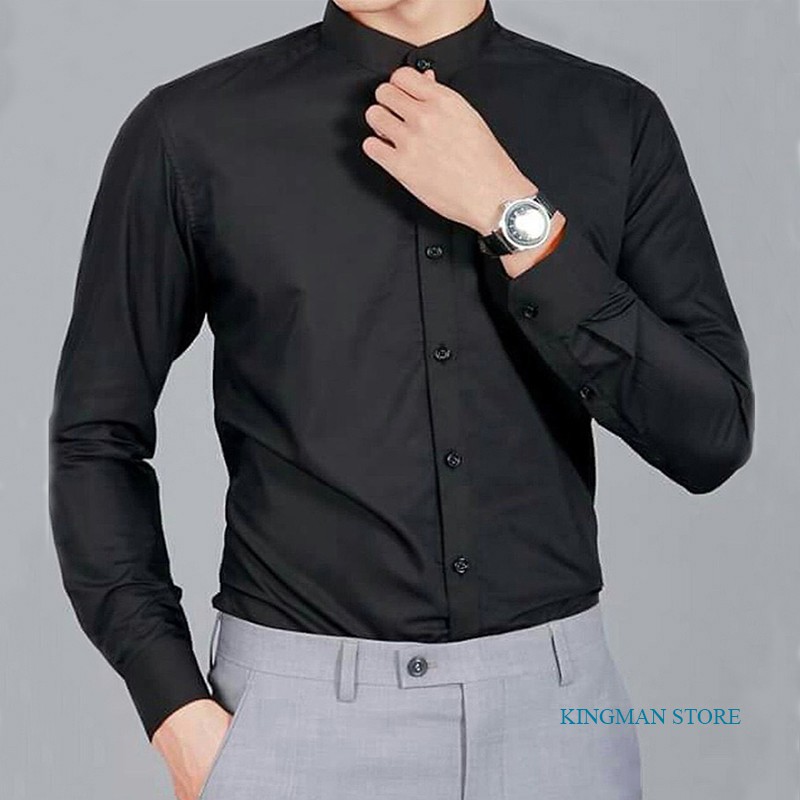 Áo Sơ Mi Nam Cổ Tàu Dài Tay Hàng VNXK Cao Cấp, Áo Sơ Mi Nam Trắng Đen Côt Trụ Lụa Co Dãn Nhẹ Thấm Hút Mồ Hôi Không Nhăn