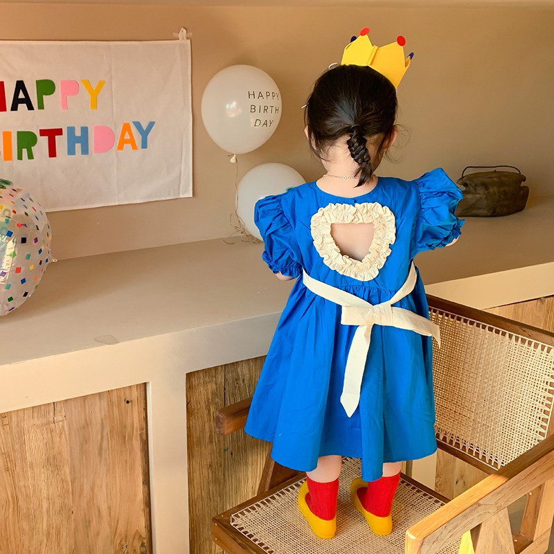 Se7en Đầm Công Chúa Mùa Hè Màu Trơn Hở Lưng Thắt Nơ Hình Trái Tim Đơn Giản Cho Bé Gái