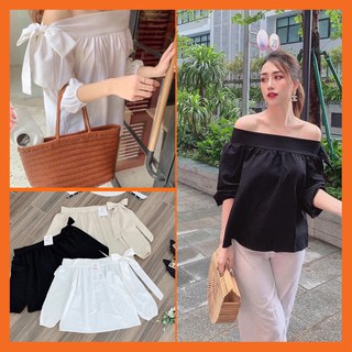 Áo kiểu nữ trễ vai đẹp tay ngắn Madela chuẩn Hàn Quốc, Áo babydoll bánh bèo dễ thương