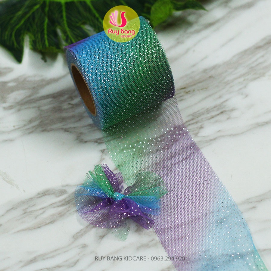 Ruy băng voan lưới phủ nhũ cầu vồng rộng 6cm