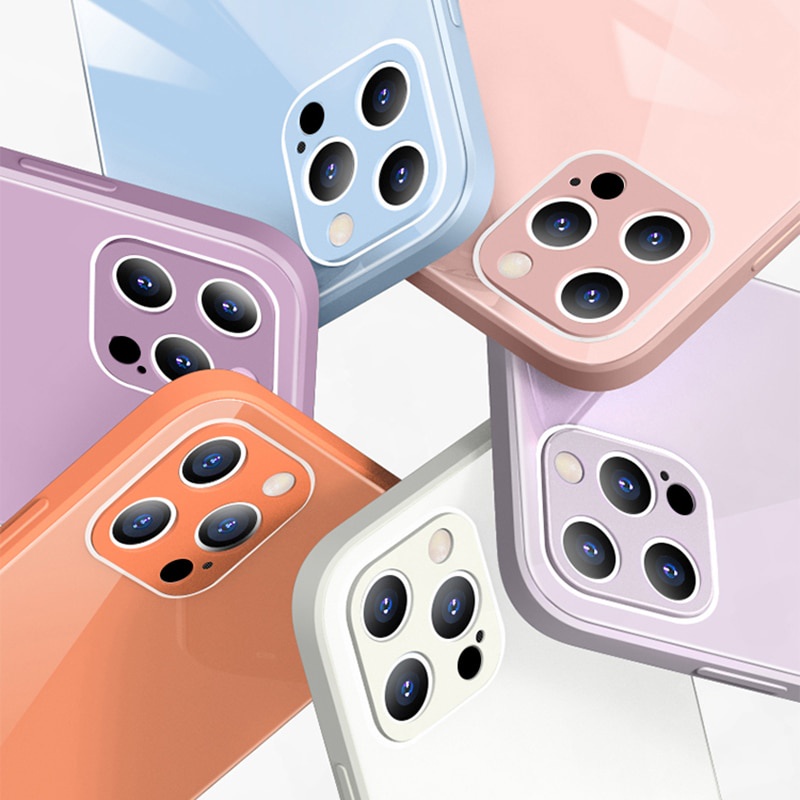 Ốp Điện Thoại Silicon Mặt Kính Cường Lực Màu Xanh Dương Cho iPhone 14 13 12 11 Pro Max X XR XSMax 14