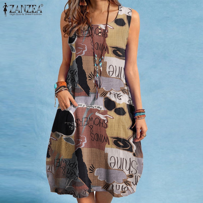 Đầm ngắn Zanzea không tay in họa tiết vintage cho nữ