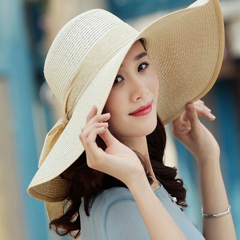 Mũ cói ( Nón cói) vành rộng 45cm bo viền phối nơ vải bố siêu xinh(SH12)
