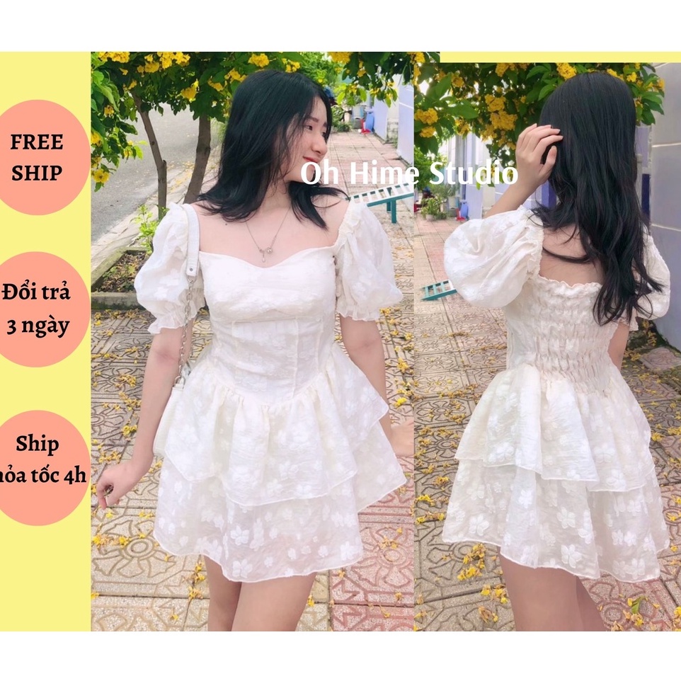 Váy đầm nữ tiểu thư tay bồng sang chảnh,cúp ngực,dáng xòe 2 tầng có quần trong bảo hộ Oh Hime Studio