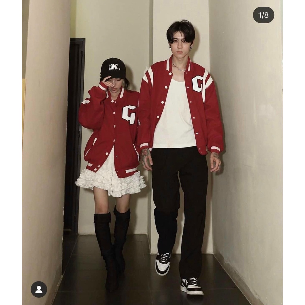 Áo Khoác Bomber Nhung Kaki Thêu Chữ G Màu đen, Xanh, Đỏ , Hồng - Tay Phối Viền - Kiểu Rộng Unisex Cho Cặp Đôi Nam Nữ