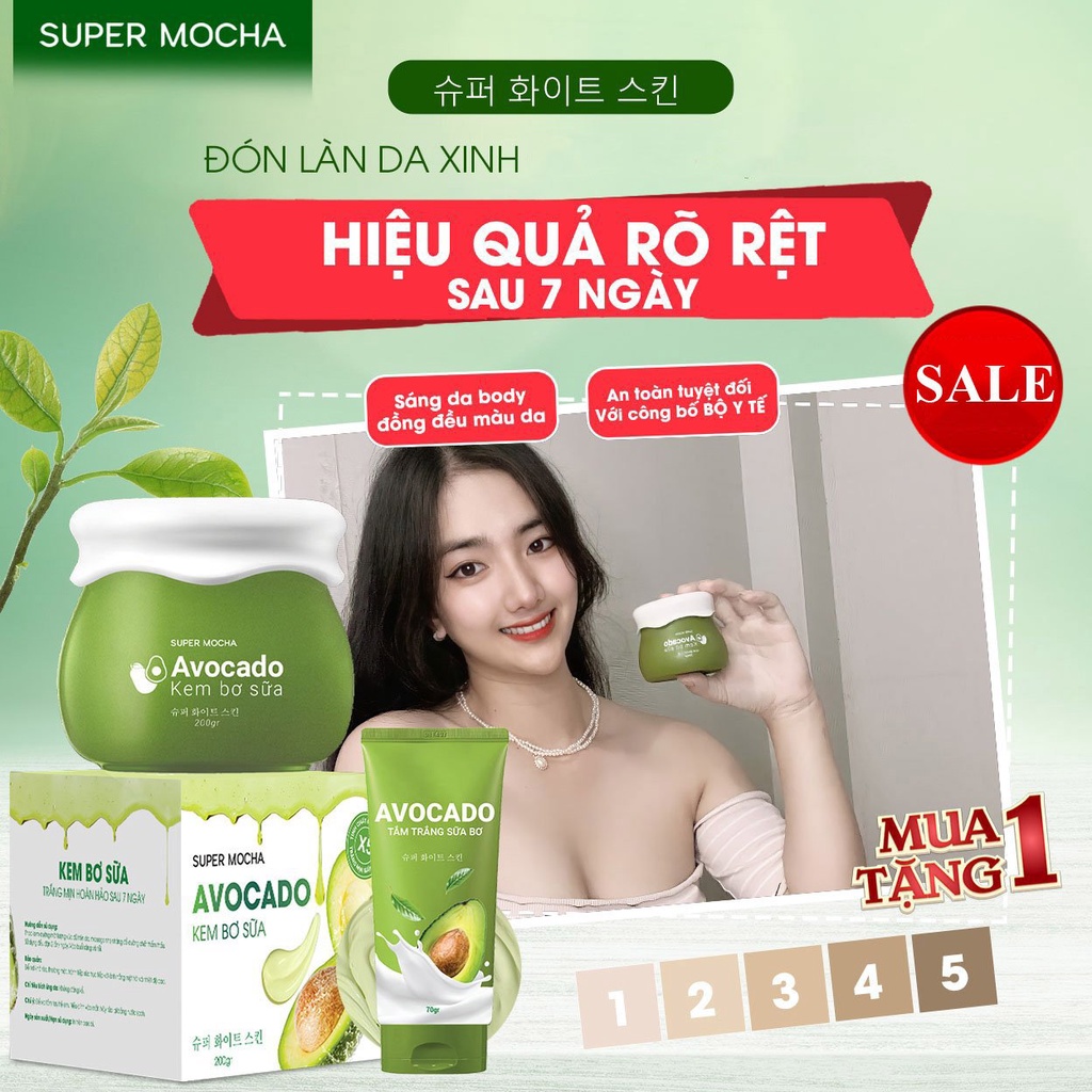 Kem Body Trắng Da SUPER MOCHA + Tắm Trắng Body Sữa Bơ AVOCADO - Combo Dưỡng Trắng Da Kem Bơ Daklak 200ml