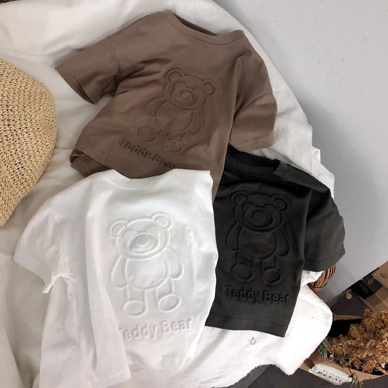 Áo thun cotton mềm tay ngắn họa tiết gấu in nổi xinh xắn dành cho bé trai