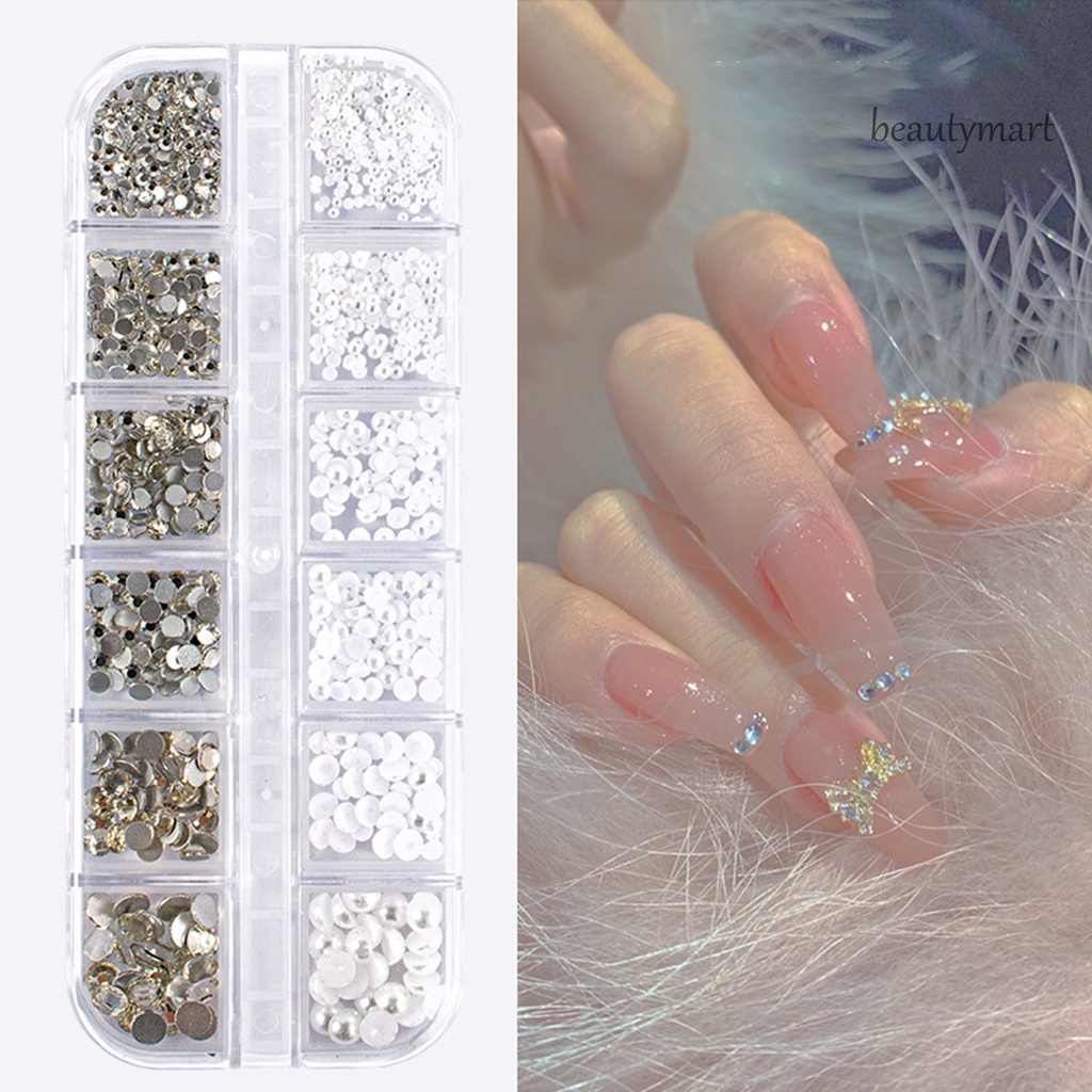 [Hàng mới về] Hộp 12 ngăn ngọc trai và đá đính nhân tạo 3D lấp lánh trang trí móng tay