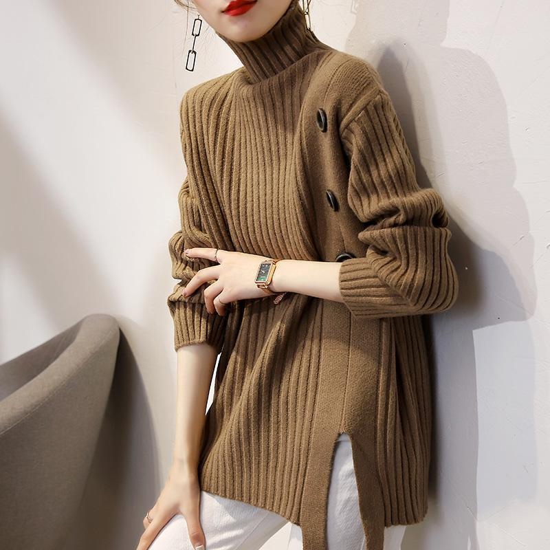【ZHELIHANGFEI】Áo Sweater Dệt Kim Tay Dài Cổ Lọ Thiết Kế Trẻ Trung Cá Tính