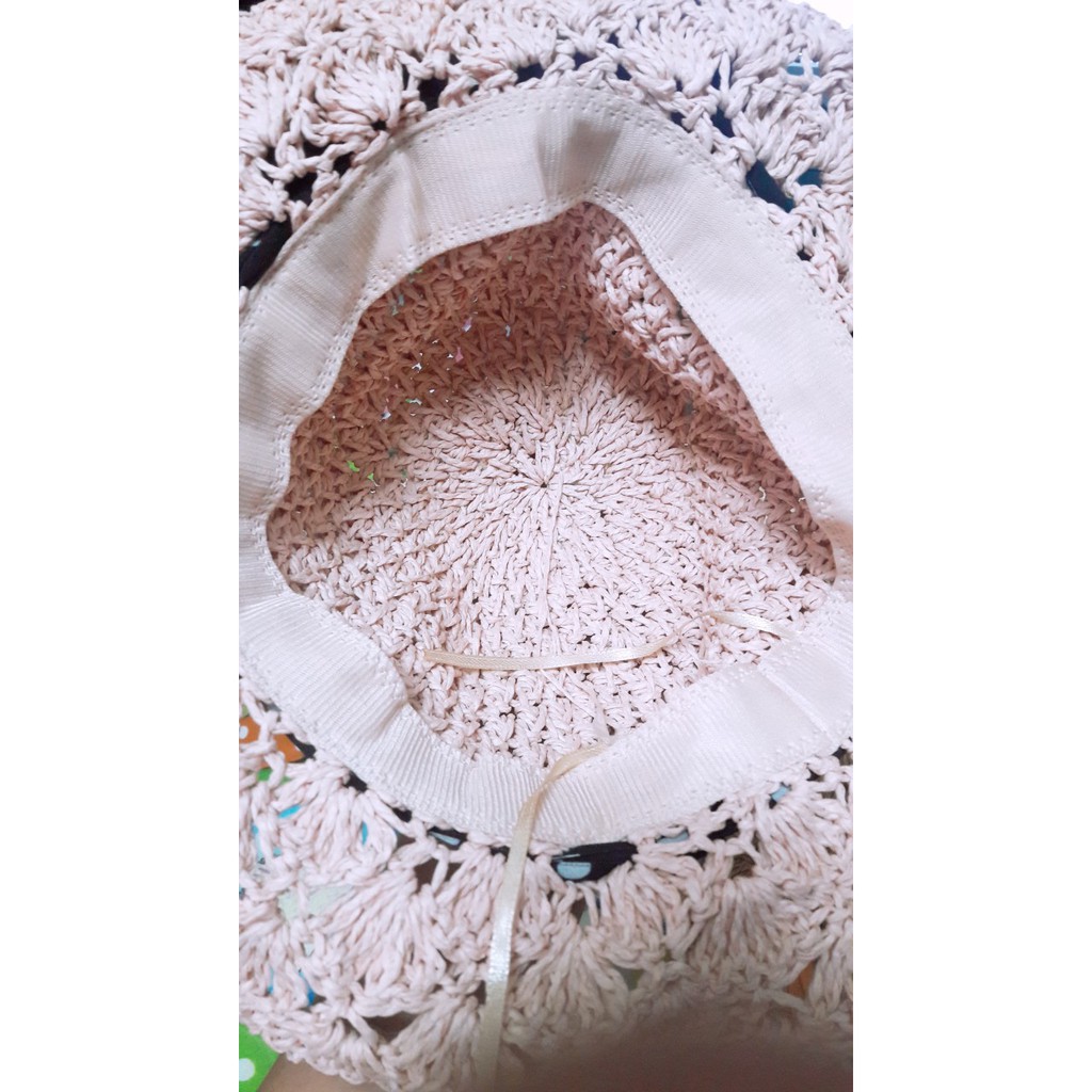 Mũ cói rộng vành dây nơ chấm bi đi biển, mũ cói đan móc mềm mát cho nữ từ 14 tuổi trở lên