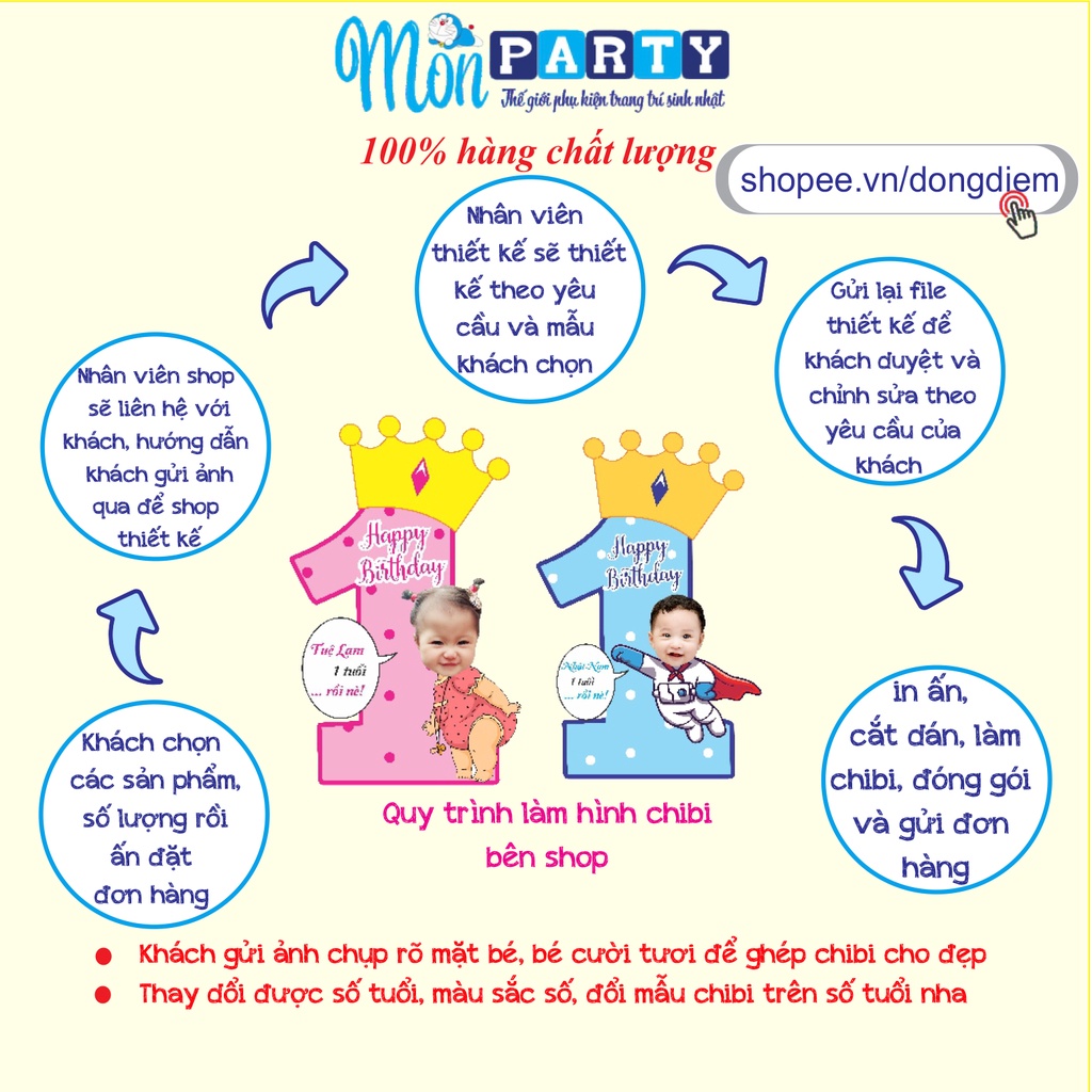 Chibi sinh nhật Mon Party (miễn phí thiết kế) Số tuổi chèn tên bé, chèn hình chibi sinh nhật cho bé cao 40cm