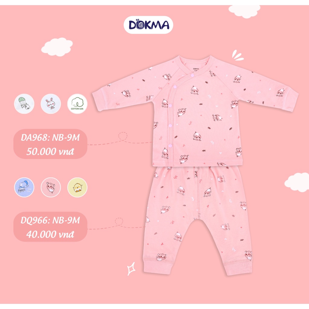 DB966/968 Bộ sơ sinh cài lệch, cài giữa dài tay cotton Dokma (0-9M)