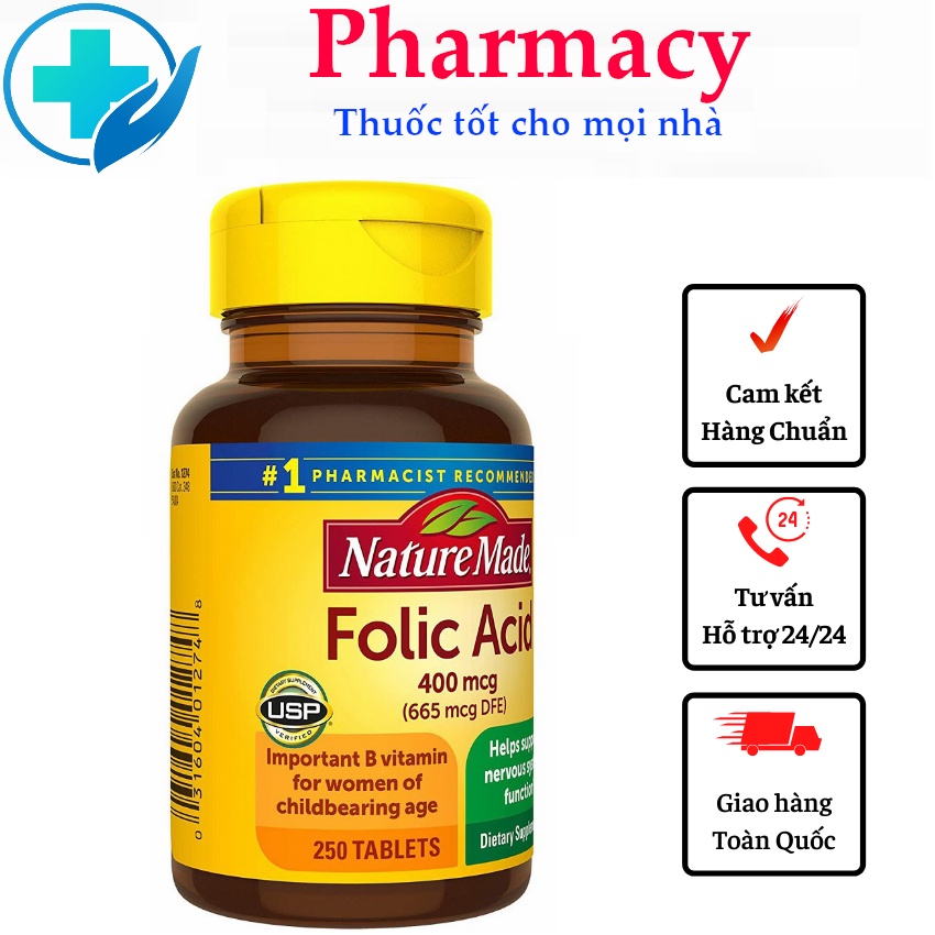 Viên uống bổ axit Folic - Folic Acid 400mcg 250 viên Nature Made - cho bà bầu , người thiếu sắt