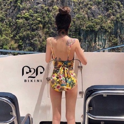 P2P BIKINI - Monokini hai dây đắp chéo vạt buộc dây họa tiết tropical - MN360HT_HN