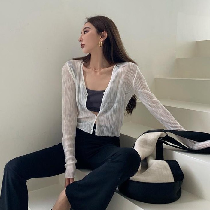 Áo Khoác Cardigan Tay Dài Cổ Chữ V Màu Sắc Đơn Giản Thanh Lịch Cho Nữ
