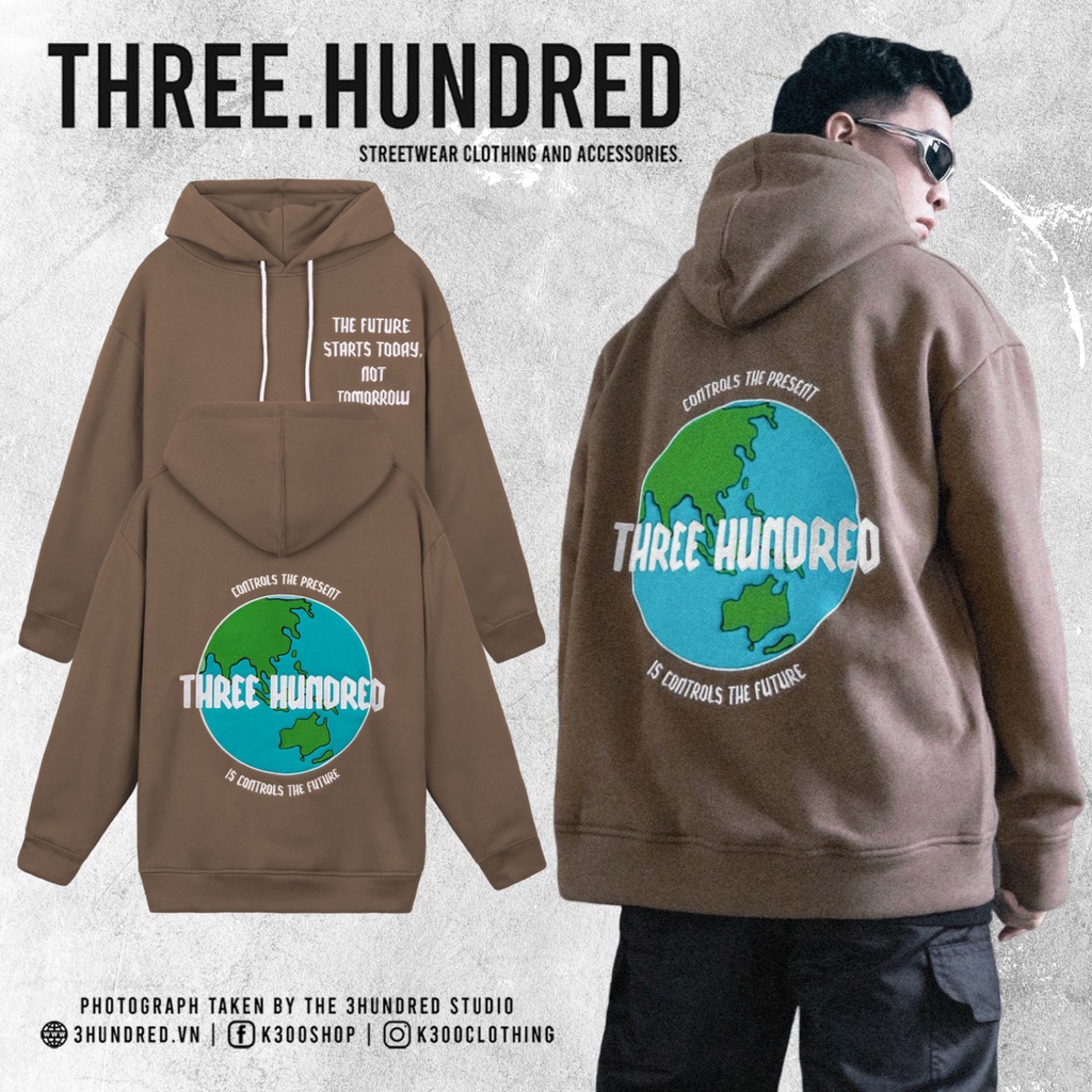 Áo Hoodie Unisex Thêu Trái Đất-Phía Trước Thêu Chữ-Đường Thêu Tỉ Mỉ-Vải Nỉ Bông Dày Dặn-Form Rộng-Màu Nâu Đất