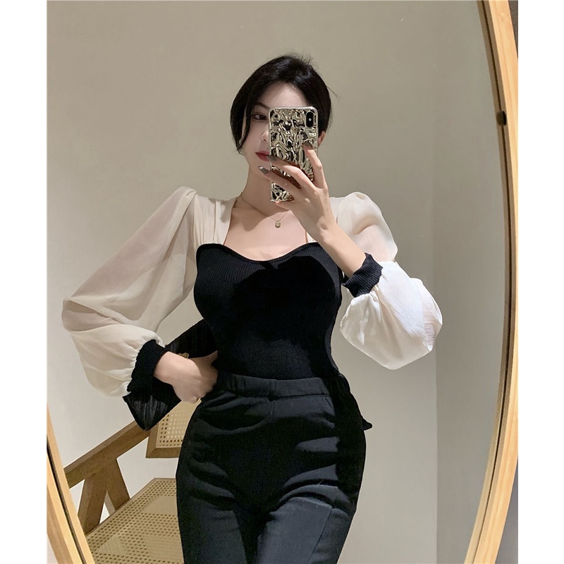 Áo Sơ Mi Dài Tay Cổ Vuông Phong Cách Pháp Cho Nữ