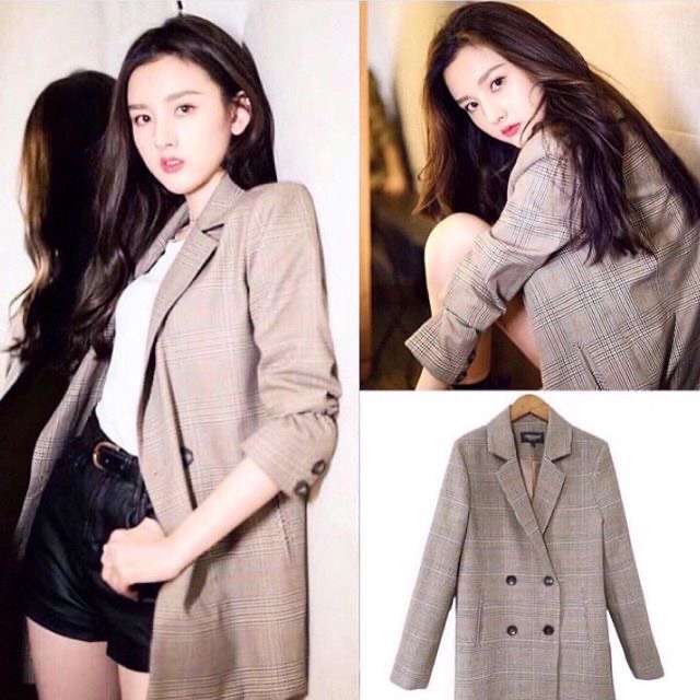 Áo blazer nữ có size thiết kế túi đứng Áo khoác nữ Hàn Quốc kẻ nâu Miumiin Clothes | BigBuy360 - bigbuy360.vn