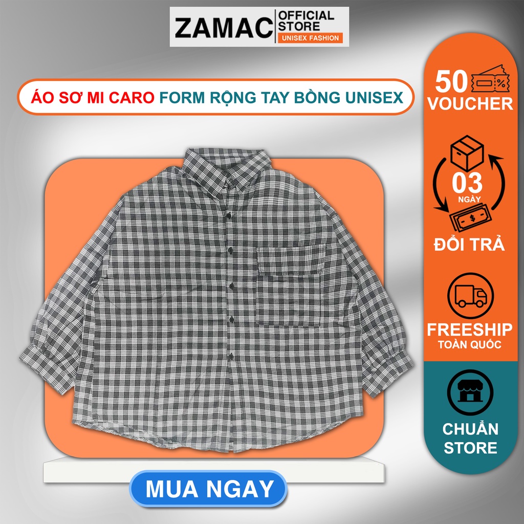 Áo sơ mi caro unisex nam nữ ZAMAC dáng rộng tay dài chất vải kate cao cấp